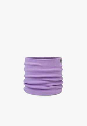 Light purple tubular neck gaiter made of stretchy, smooth fabric with a gathered texture and a small logo tag on one side.