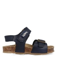 Kindersandalen in marineblauw met kurken zool, verstelbare straps en het "Kipling" logo op de zijkant en de gesp.