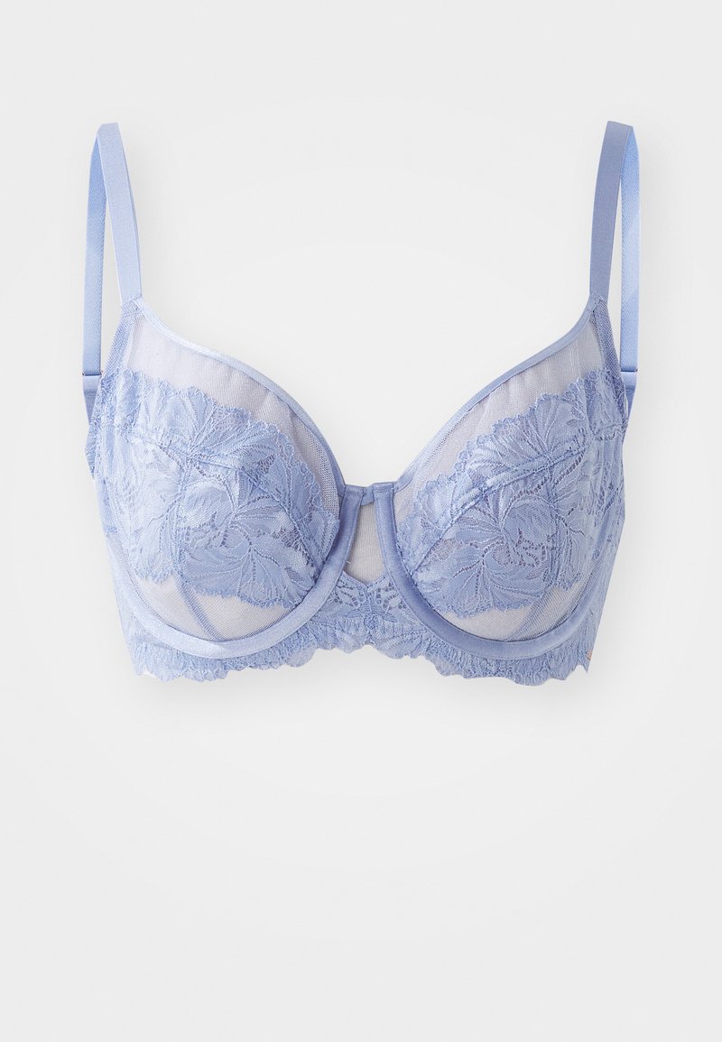 Svetlo modrý čipkovaný podprsenka so sieťovanými panelmi, detailami kvetinovej výšivky, s podpornými drôtikmi, nastaviteľnými ramienkami a vlnitými okrajmi.