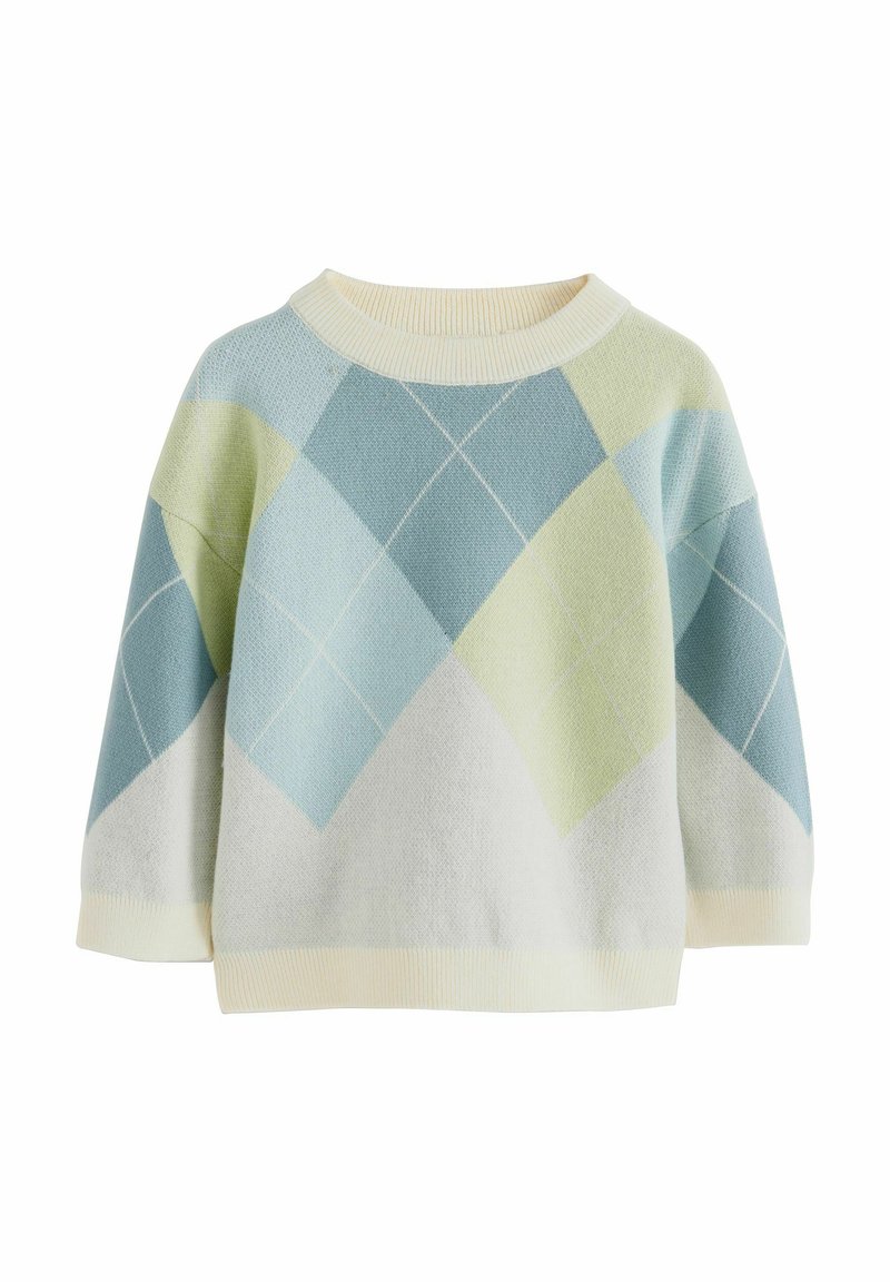 Pull-over en couleurs pastel légères avec un motif argyle en bleu, vert menthe et crème. Encolure et poignets côtelés.