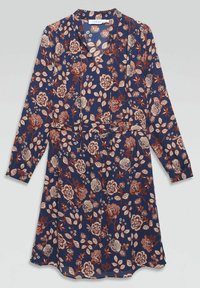 Granatowa sukienka z długimi rękawami, kwiatowy wzór w czerwieni i bieli, dekolt w serek, dopasowana talia i zwiewna spódnica. Miękka tkanina, lekka konstrukcja.