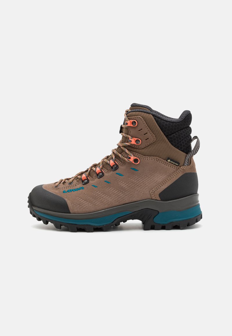 Bota de caminhada castanha com detalhes em preto e verde-água, apresentando um upper texturizado, biqueira de borracha e argolas de laço laranja para um ajuste seguro.
