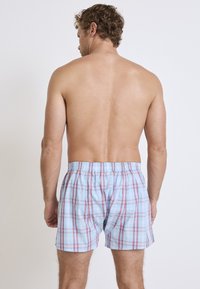 Ljust blå rutiga badshorts med röda och marinblå detaljer, med resår i midjan. Synliga från baksidan, visar en avslappnad passform.