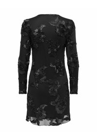 Czarna sukienka z długimi rękawami, zdobiona haftem kwiatowym 3D na całej powierzchni. Przezroczysta faktura u dołu, okrągły dekolt i dopasowany krój.