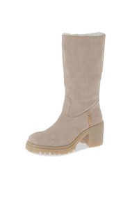 Bota de ante beige hasta la rodilla con un acabado texturizado, forro cálido y un tacón grueso transparente. Presenta un detalle de costura mínimo y una suela resistente.