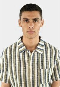 Camicia a maniche corte con bottoni caratterizzata da strisce verticali in verde, blu navy e crema. Tessuto morbido, con taschino sul petto e colletto.