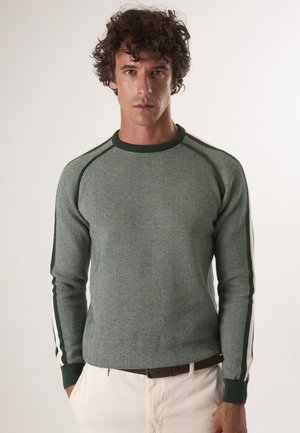 Grüner gestrickter Pullover mit einem Strukturmuster, versehen mit kontrastierenden grünen und weißen Streifen an den Ärmeln und einem gerippten Kragen.