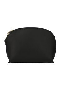 Borsetta in pelle nera con parte superiore arrotondata, texture liscia, chiusura con zip dorata e design minimalista. Adatta per trucchi o piccoli accessori.
