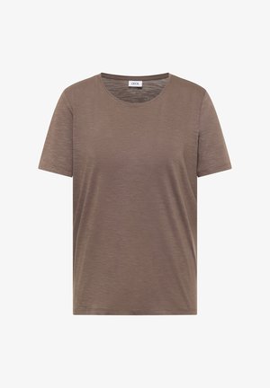 Bruin T-shirt met korte mouwen en ronde hals, gemaakt van lichtgewicht stof met een subtiele textuur en een klein merkembleem aan de binnenkant van de kraag.