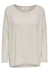 Haut beige à manches longues en tissu texturé avec une coupe ample, un col rond et des épaules tombantes. Design simple et polyvalent.