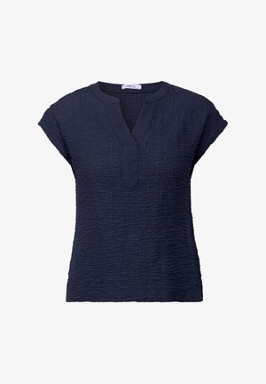 Marineblauwe top met korte mouwen en een V-hals, met een gestructureerd ongelijke oppervlakte en een ontspannen pasvorm. Merklabel 'CECI' zichtbaar op de hals.
