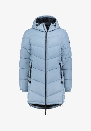 Helles blaues Daunenjacke mit durchgehendem Reißverschluss, Kapuze und schwarzen Reißverschlussakzenten. Chevron-gequiltetes Muster, elastische Bündchen und Kordelzugsaum.