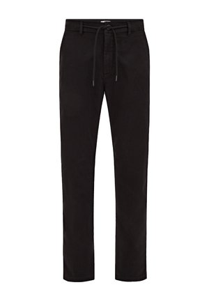 Pantalon noir taille droite avec passants pour ceinture et taille à cordon, présenté sur un fond blanc.