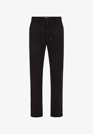 Pantalon noir taille droite avec passants pour ceinture et taille à cordon, présenté sur un fond blanc.