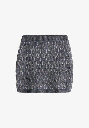 Gray knitted skirt with a textured pattern, featuring a ribbed waistband and intricate detailing in lighter threads.