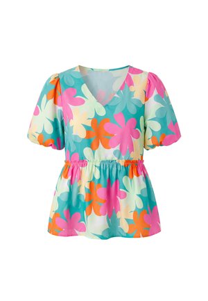 Blouse femme à manches courtes avec col en V, taille élastique et grand motif floral rose, orange, jaune et bleu sarcelle sur fond blanc.
