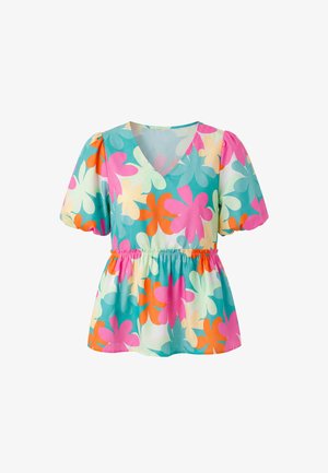 Damska bluzka z krótkim rękawem i dekoltem w serek, z elastyczną talią oraz dużym kwiatowym wzorem w kolorach różowym, pomarańczowym, żółtym i morskim na białym tle.