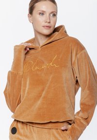 Brązowy welurowy hoodie z kieszenią kangurką i haftowanym logo w złotym kolorze. Posiada kapturek oraz luźny krój z długimi rękawami.
