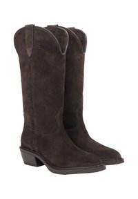 Brązowe zamszowe kowbojskie buty z wysoką cholewką, zakrzywioną górną krawędzią i zdobioną panelą z boku; kwadratowy nosek i niski blokowy obcas.