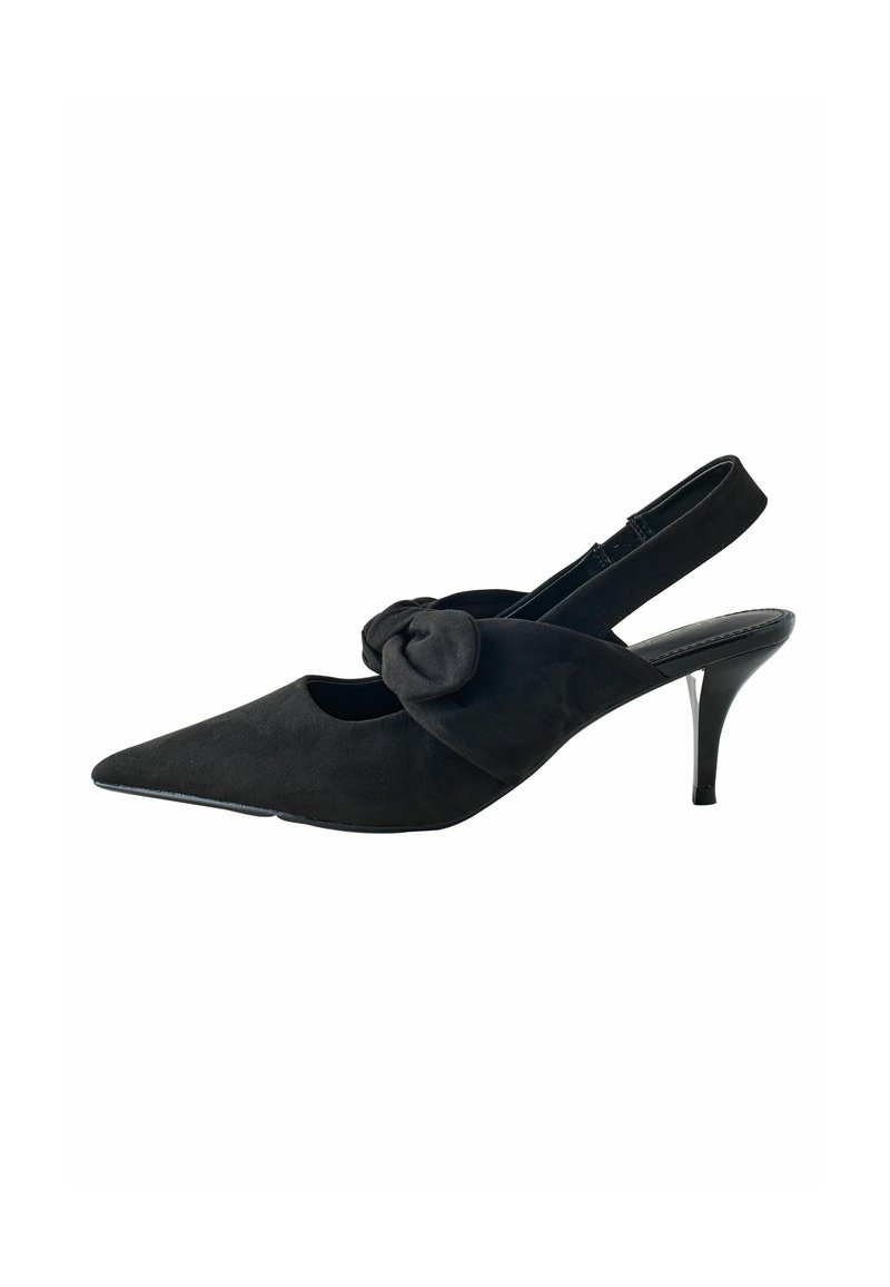 Schwarzer Wildleder-Slingback-Schuh mit spitzem Zehenbereich, der vorne mit einer Stoffschleife verziert ist und einen schlanken hohen Absatz hat.