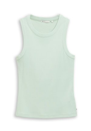 Bezrukawowy prążkowany top na ramiączkach w blado-miętowym kolorze z okrągłym dekoltem, rozmiar mały, ułożony płasko na białym tle.