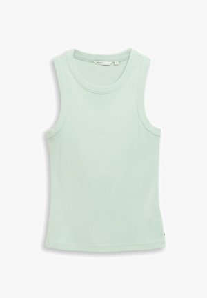 Bezrukawowy prążkowany top na ramiączkach w blado-miętowym kolorze z okrągłym dekoltem, rozmiar mały, ułożony płasko na białym tle.