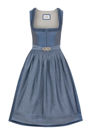 Blaues Dirndl-Kleid mit tailliertem Oberteil, geflochtenem Ausschnitt und gerafftem Rock, mit einer dekorativen Schnalle an der Taille und strukturiertem Stoff.