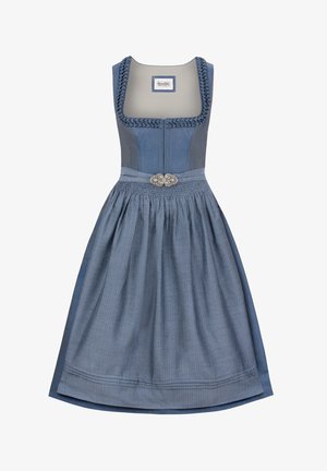 Blaues Dirndl-Kleid mit tailliertem Oberteil, geflochtenem Ausschnitt und gerafftem Rock, mit einer dekorativen Schnalle an der Taille und strukturiertem Stoff.