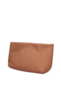 Borsa a pochette in pelle intrecciata color tan, forma rettangolare, texture liscia, con un delicato motivo geometrico per un tocco di dettaglio in più.