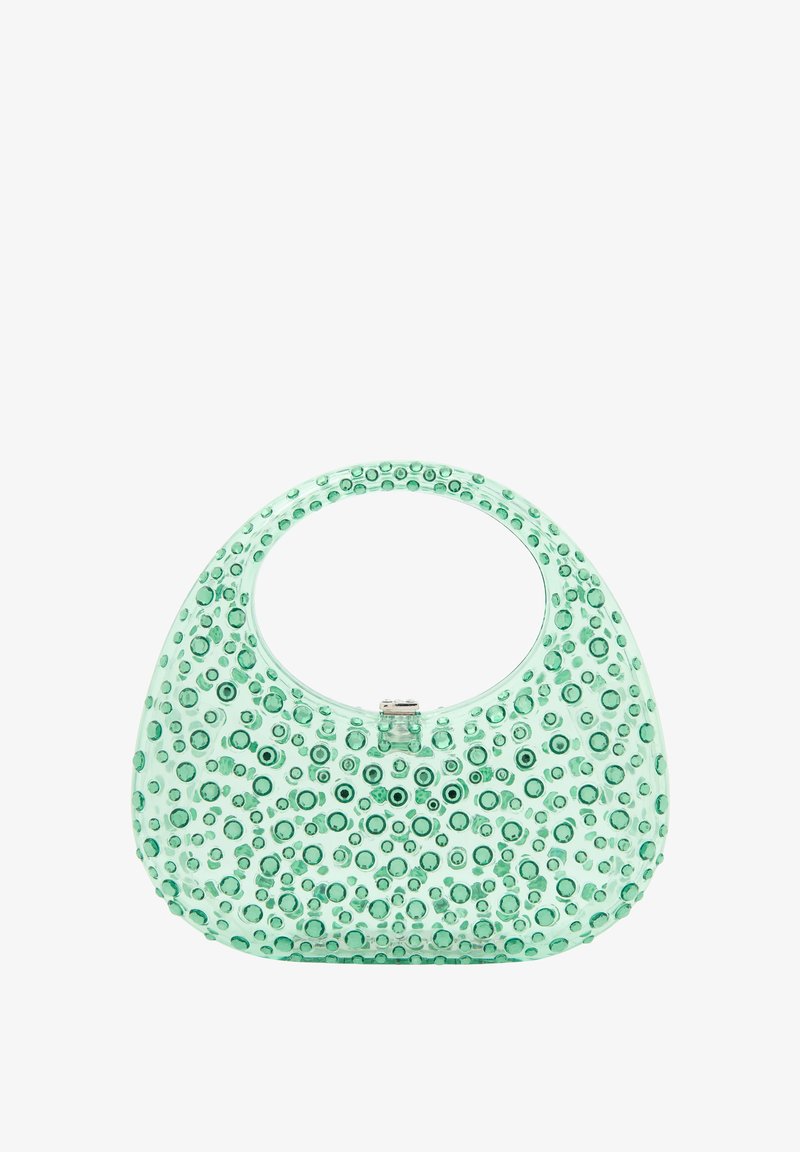 Zöld, átlátszó kézitáska kerek formával, kiemelkedő kör alakú díszekkel és felső fogantyúval. Elöl zárókapcsolóval.
