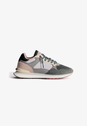Sneakers with a mixed-material upper in gray, pink, and black, featuring textured panels, a cushioned sole, and contrast laces.