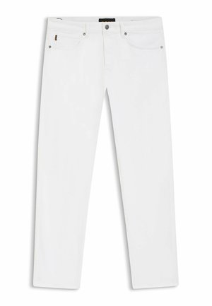 Jean blanc droit avec poches avant, passants pour ceinture et fermeture par bouton à la taille, présenté sur fond blanc.