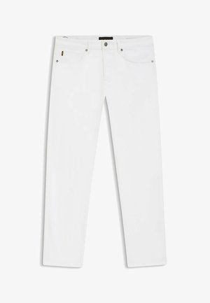 Jean blanc droit avec poches avant, passants pour ceinture et fermeture par bouton à la taille, présenté sur fond blanc.