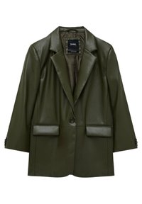 Blazer en similicuir vert olive avec une silhouette structurée, manches longues, deux poches avant et une fermeture à un seul bouton.