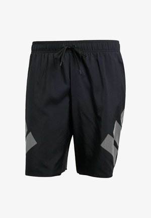 Shorts de bain noirs avec une taille élastique, un cordon de serrage réglable et un motif géométrique blanc sur les côtés. Matériau léger, texture lisse.
