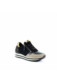 Czarno-szare zamszowe sneakersy z złotymi akcentami, z zamkiem sznurowanym z przodu, bocznym zamkiem błyskawicznym i wzorzystym tyłem. Gumowa podeszwa z białym paskiem.