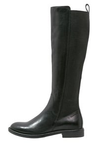 Bota de cuero negro hasta la rodilla con panel lateral elástico y asa, tacón bajo apilado, puntera redondeada y acabado suave.