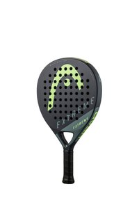 Padel-racket med svart yta och gröna accenter, karaktäriserad av ett perforerat mönster, rundad form och ett texturerat grepp.