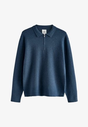 Maglione blu scuro con colletto zip, maniche lunghe, texture morbida e vestibilità casual. Realizzato in tessuto lavorato a maglia.