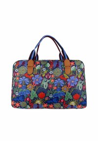 Sac fourre-tout en tissu bleu foncé à motifs floraux avec des accents rouges et verts, doté de poignées en cuir beige et de fermetures à pression.