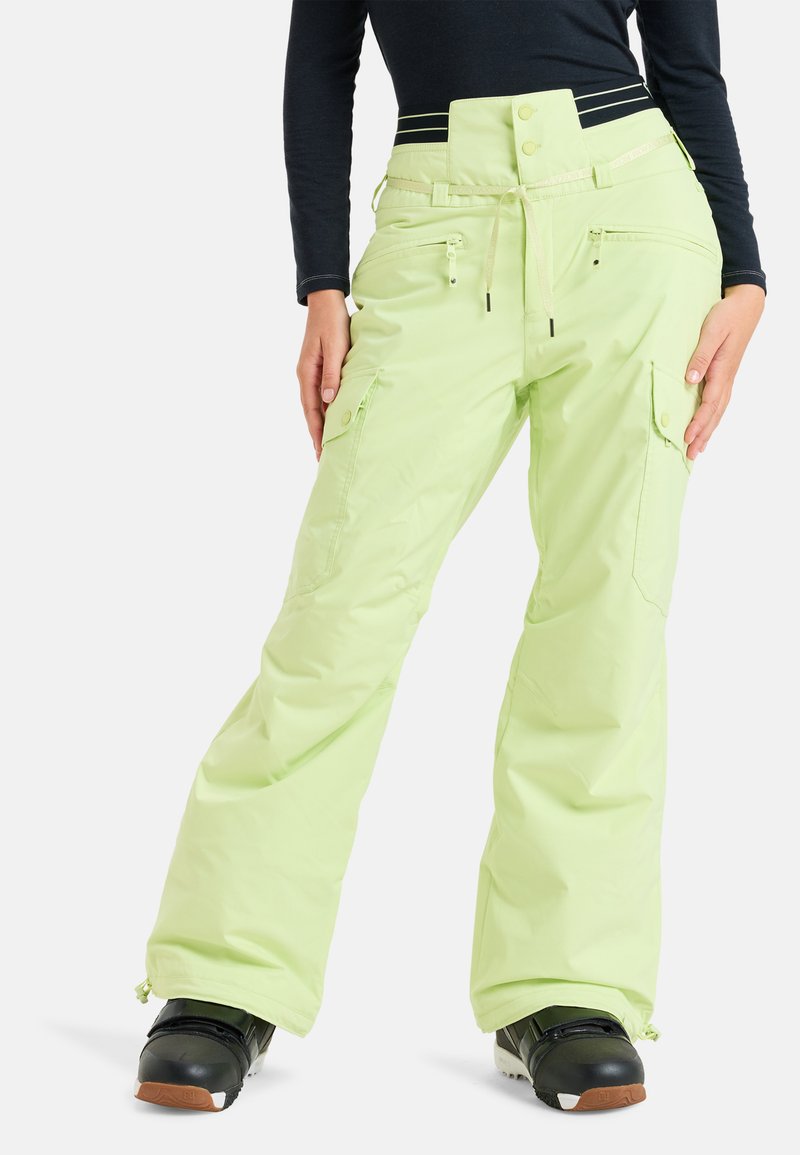 Lichtgroene sneeuwbroek met een hoge taille, verstelbare tailleband, meerdere ritszakken, een losse pasvorm, textuurstof en ritsen aan de enkels.