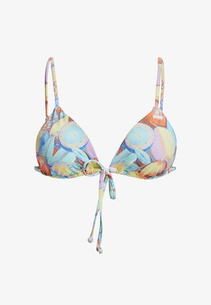 Triangle bikini top with pastel-colored fruit and leaf pattern; adjustable straps and center tie detail; made from smooth, stretchy fabric.