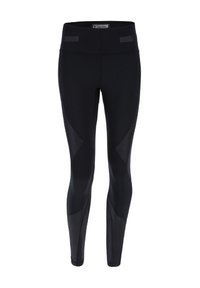 Leggings de sport noirs en tissu extensible, avec une taille haute, des lignes épurées et des panneaux contrastants pour un design épuré.