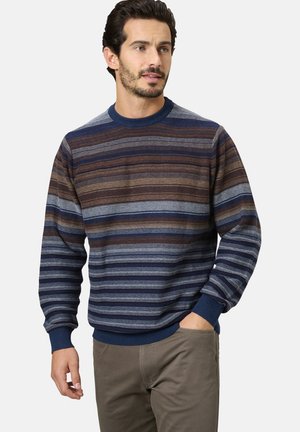 Knitted sweater featuring horizontal stripes in shades of blue, brown, and gray. Ribbed crew neck and cuffs, relaxed fit. Soft texture.