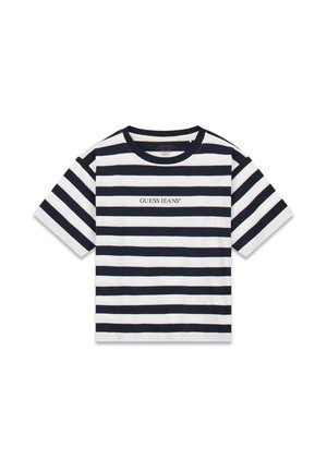Camiseta de rayas en azul marino y blanco, cuello redondo, mangas cortas, con el logo "GUESS JEANS" en el centro. Material de algodón, diseño casual.