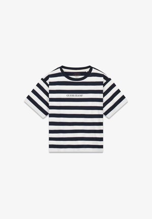 Tricou cu dungi în albastru închis și alb, cu guler rotund și mâneci scurte, având logo-ul "GUESS JEANS" în centru. Material din bumbac, design casual.