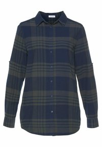 Plaid shirt in dark blue and green tones, featuring a spread collar, button-down front, and long sleeves with buttoned cuffs.