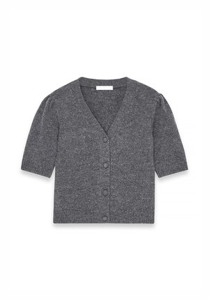 Gilet en tricot gris à manches courtes avec un col en V et quatre boutons avant recouverts, présentant des manches légèrement bouffantes et des poignets et un ourlet côtelés.