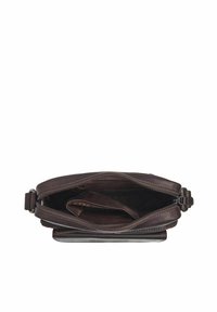Borsa a tracolla in pelle marrone con una cerniera aperta, che rivela un interno foderato e una tasca interna, con cuciture decorative.