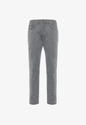 Jeans in denim grigio con vestibilità dritta, design a cinque tasche, chiusura con bottone frontale e leggera sfumatura sulla trama del tessuto.